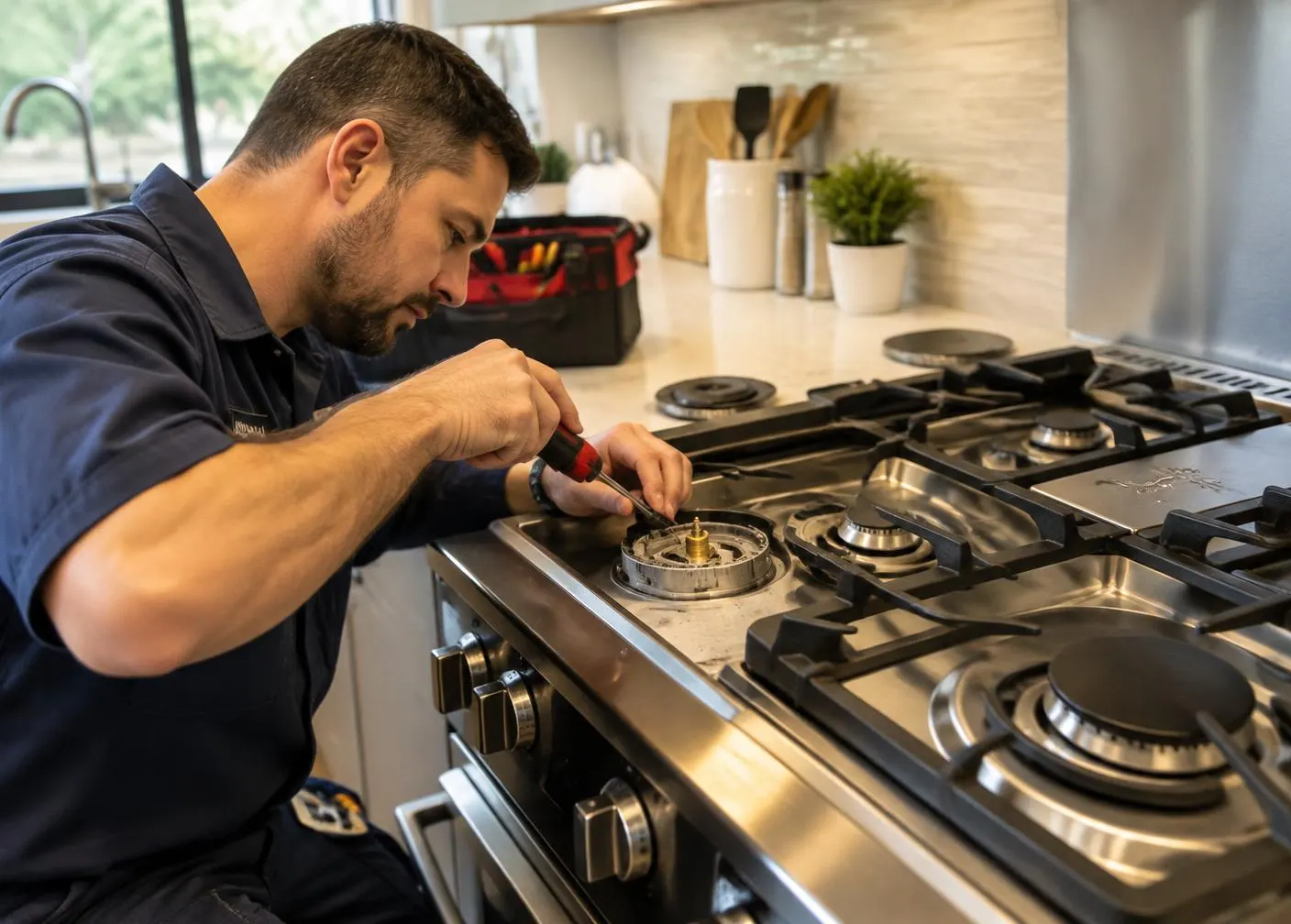 Técnico realizando manutenção em fogão a gás