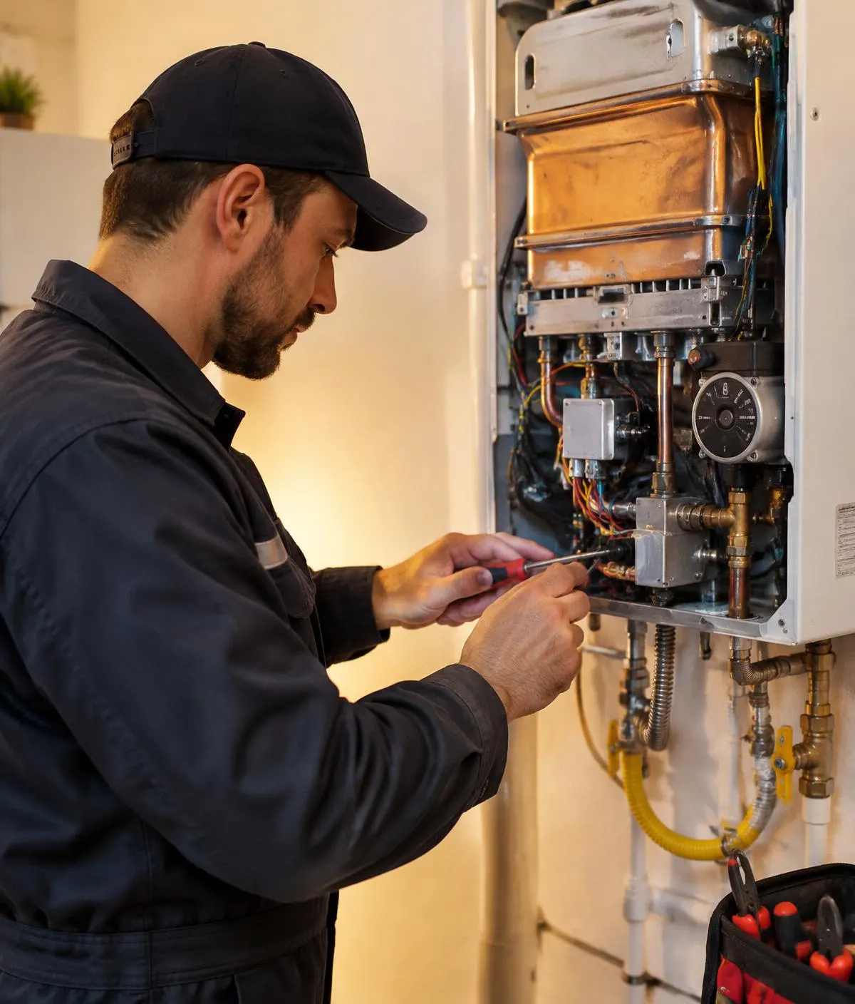 Técnico realizando conserto de aquecedor a gás